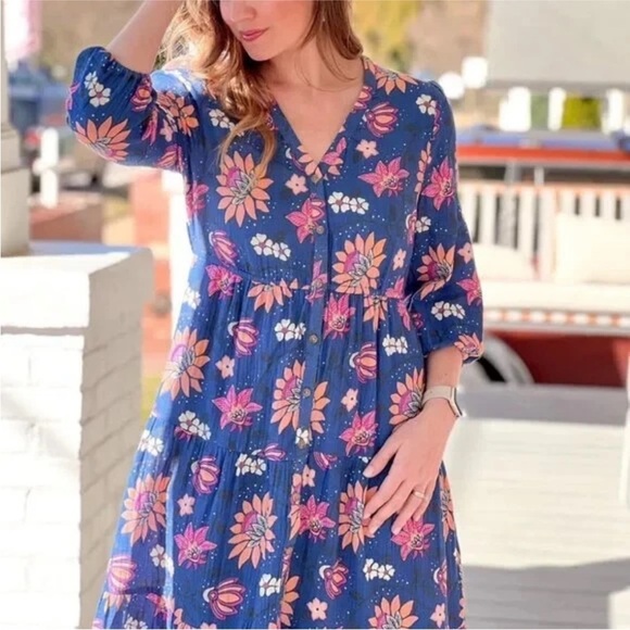 Marine Layer Willow Long Sleeve Midi Dress Batik Floral 100% Cotton Blue Small - Picture 6 of 11